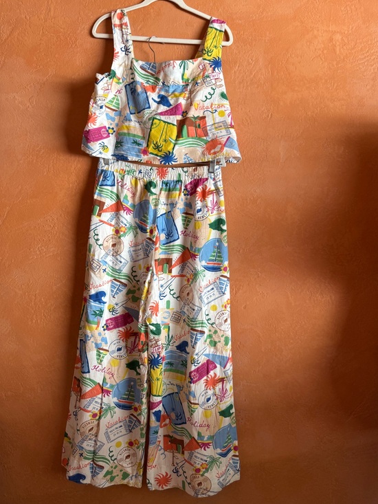 Japna Pants - GOA Beachwear by Japna Linen Blend Vacation Print Crop Top Wide Leg Pants Set L